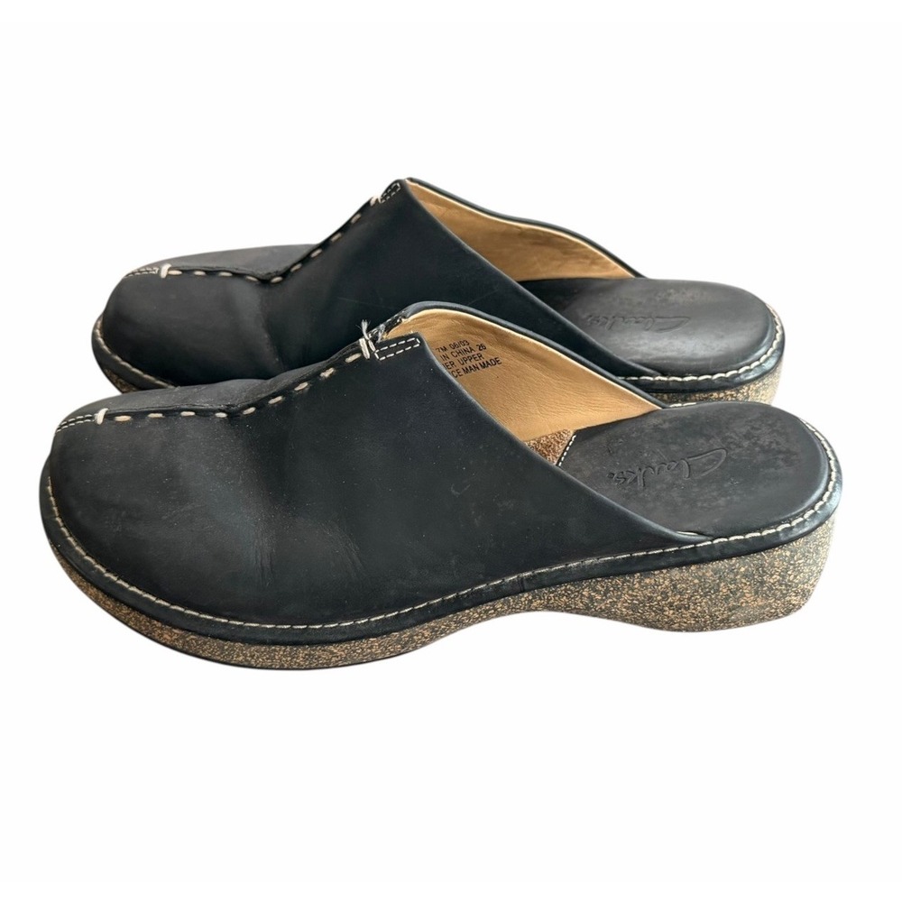 Clarks 7M Mitchell Clog Mules Catalonia Comfort Shoe Black Leather Y2K